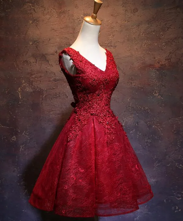 Today’s Deals, Tomorrow’s Regrets!Wine Red Short Lace Cute Homecoming Dress, V-Neckline Lace-Up Teen Party Dress cg12616 Today’s Deals, Tomorrow’s Regrets!Wine Red Short Lace Cute Homecoming Dress, V-Neckline Lace-Up Teen Party Dress cg12616