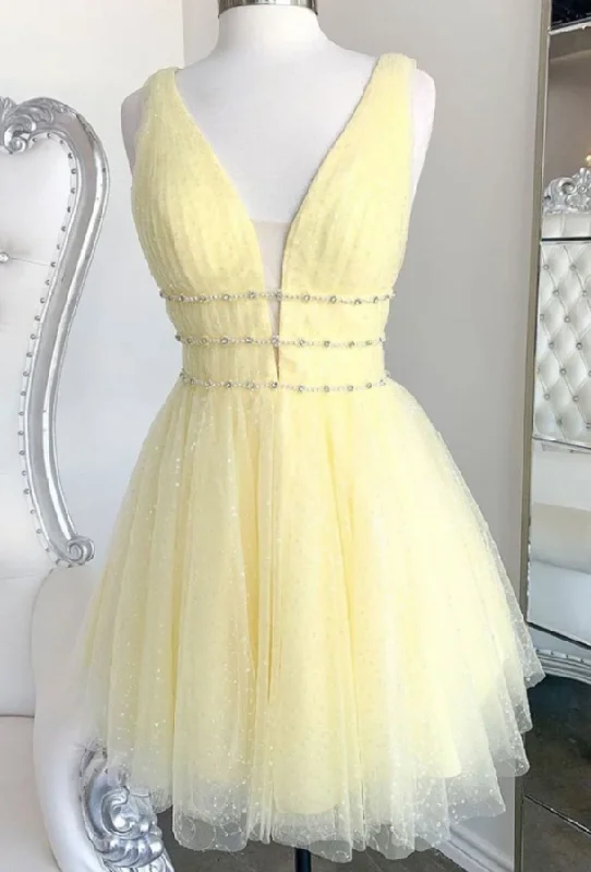 Enjoy Huge Discounts Now!YELLOW V NECK TULLE SEQUIN SHORT Homecoming Dress    cg12966
