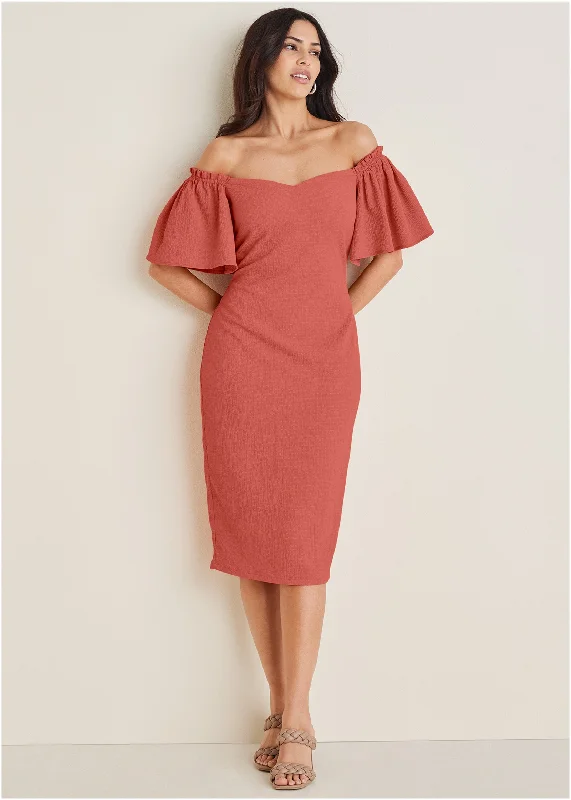Shop Before It’s Gone!Fluted Satin Midi Dress - Burnt Orange