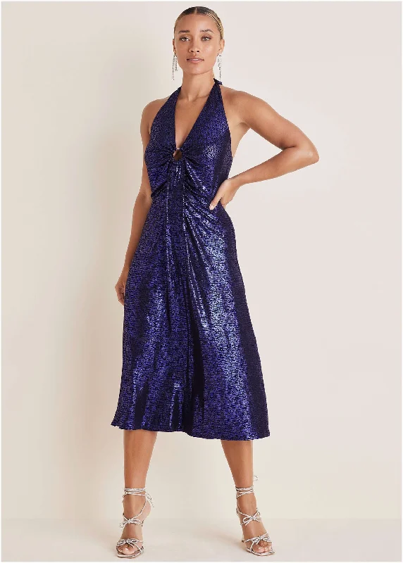 Crazy Discounts Inside!Metallic Halter Midi Dress - Deep Blue