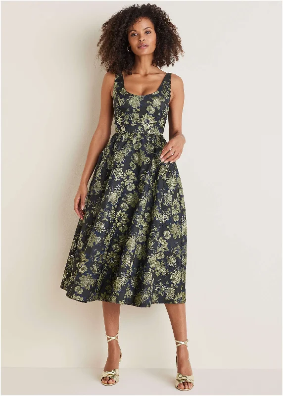 Shop Smart, Save Big!Floral Jacquard Midi Dress - Navy Combo