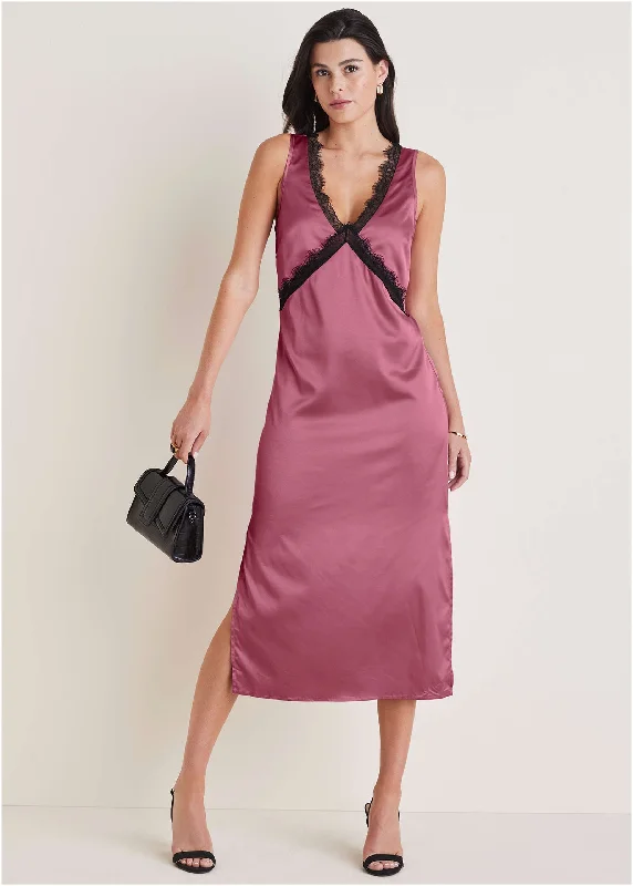 Save More with Every Purchase!Lace Trim Midi Dress - Heather Rose