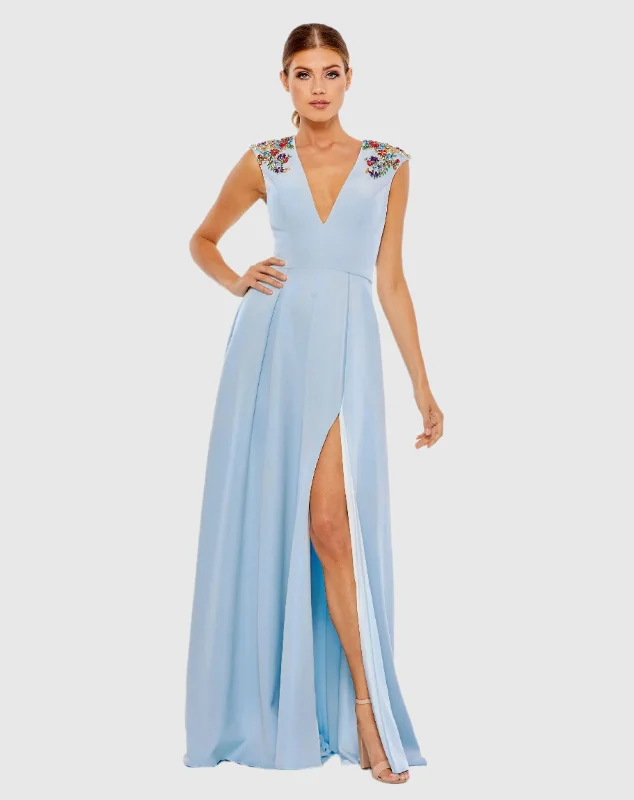 Get It Before It’s Gone!Beaded Cap Sleeve V Neck A Line Gown