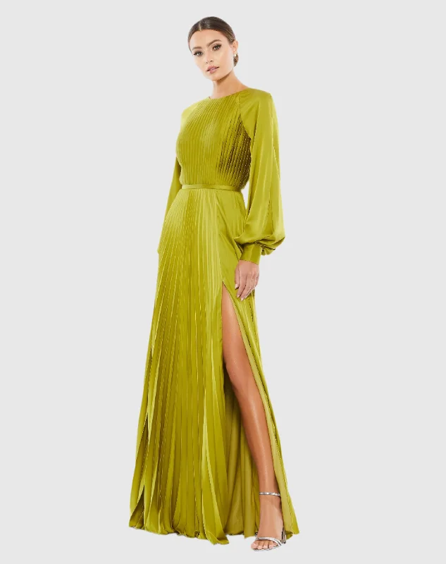 The Best Sale of the Year!Pleated High Neck Raglan Long Sleeve Side Slit Gown