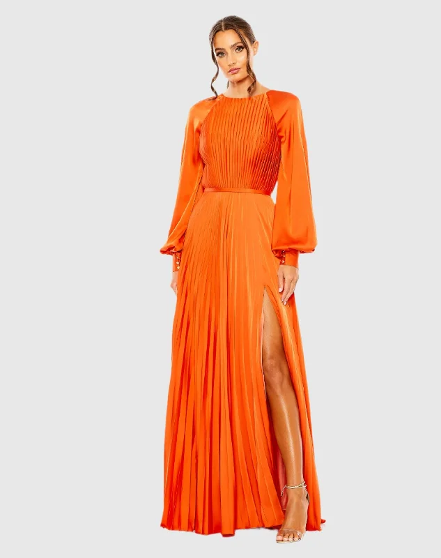 Save More When You Shop More!Pleated High Neck Raglan Long Sleeve Side Slit Gown