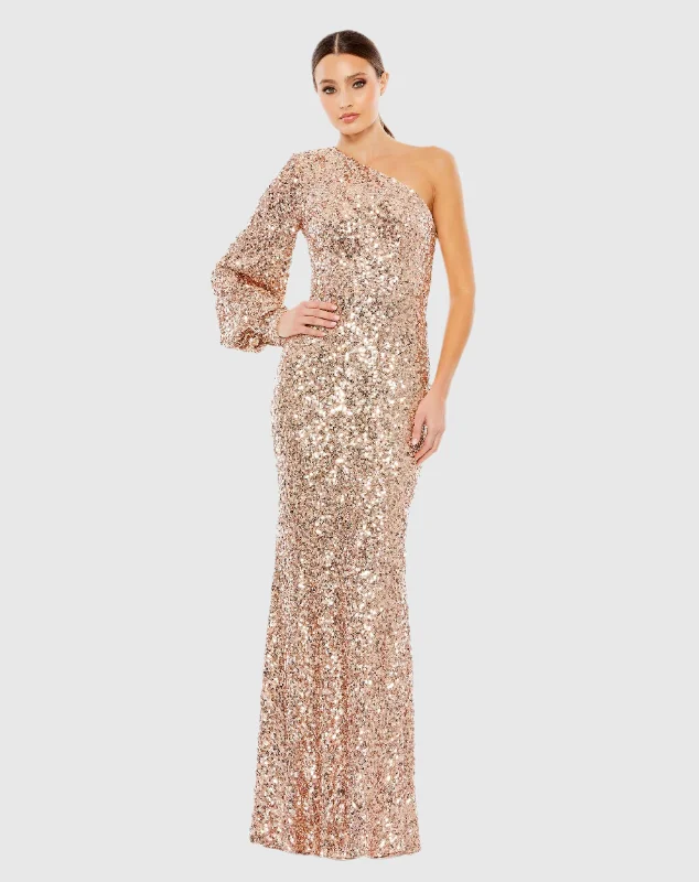 Flash Deals – Act Quickly!Sequined One Shoulder Bishop Sleeve Trumpet Gown