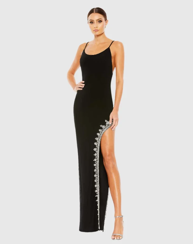 Get More, Spend Less – Shop Now!Rhinestone Encrusted Side Slit Cami Bodycon Gown