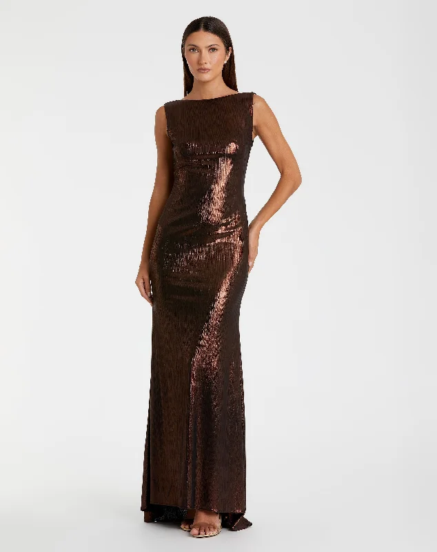 Buy One, Get One Free!Metallic Jersey Cowl Back Column Gown