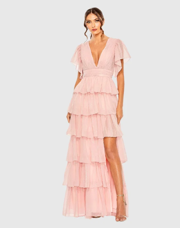 Save Up to 50% Off!Flutter Sleeve Ruffle Tiered Gown