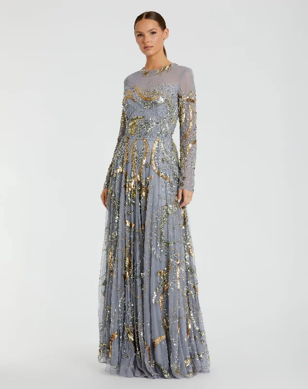 Get More for Less!Long Sleeve Embellished Illusion Evening Gown