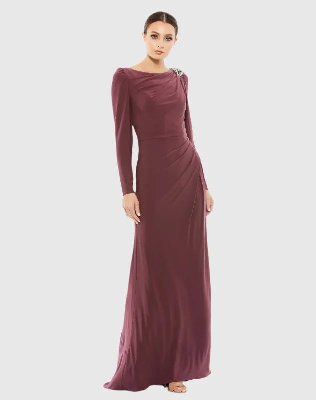 Lowest Prices Guaranteed!Draped Bateau Long Sleeve Trumpet Gown