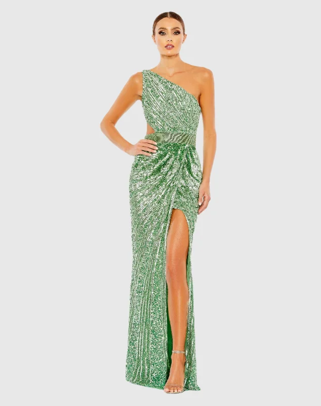 Price Drop Alert!Sequined One Shoulder Draped Lace Up Gown
