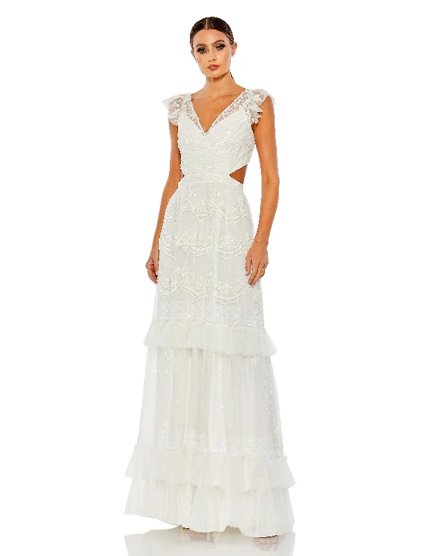 Every Deal is a Steal!Sequined Ruffled Cap Sleeve Cut Out Tiered Gown - FINAL SALE