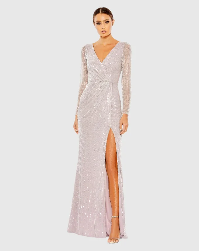 The Sale You’ve Been Waiting For!Sequined Faux Wrap Long Sleeve Gown