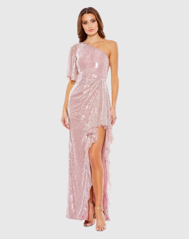 Special Offer – Act Fast!Sequined Flutter Sleeve One Shoulder Draped Gown - FINAL SALE