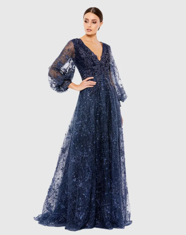 Your Exclusive Offer Awaits!Embellished Plunge Neck Puff Sleeve A Line Gown