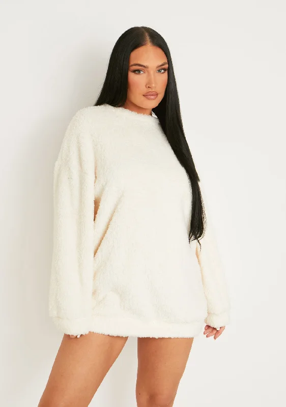 Don't Miss Out!Bethany Cream Fluffy Borg V Back Jumper Dress