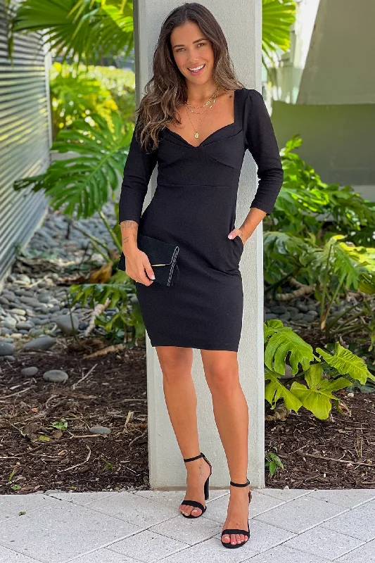 Your Favorite Items on Sale Now!Black Midi Dress With 3/4 Sleeves And Pockets