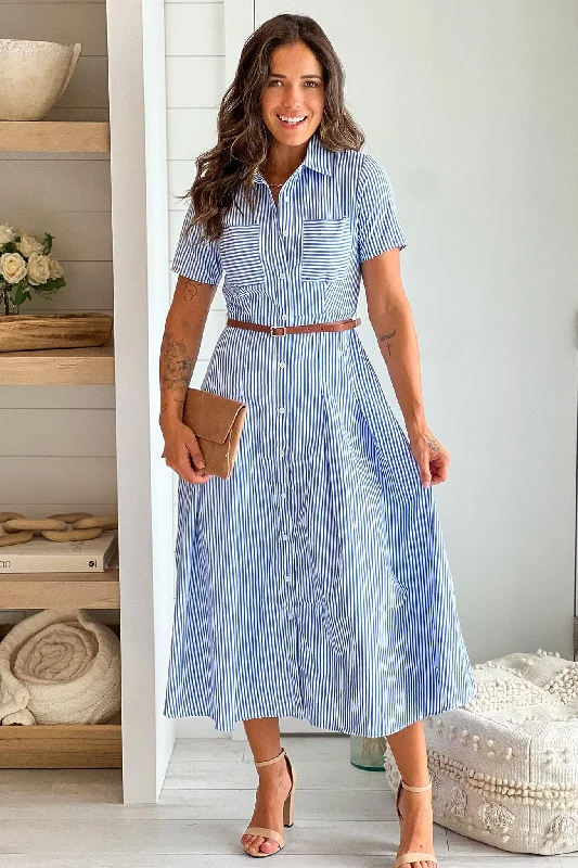 The Sale You’ve Been Waiting For!Blue Striped Button Down Dress With Belt
