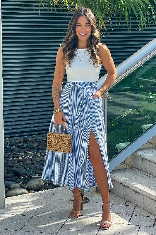 Best Deals Just for You!Blue Striped Midi Dress With Slit