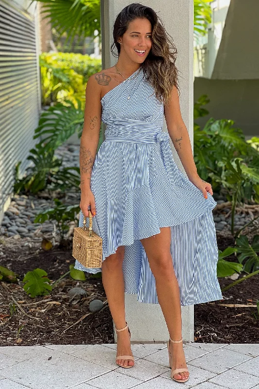 Exclusive Deals Just for You!Blue Striped One Shoulder Dress