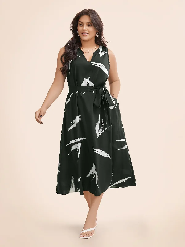 Amazing Prices You Can’t Resist!Brush Print Notched Belted Tank Dress