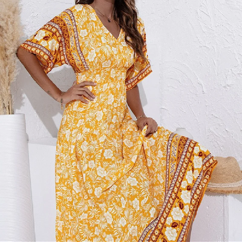 Unlock Huge Savings Now!Beach Floral Retro Art Cotton  V-Neck Dress  w/ Short  Sleeve