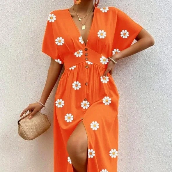 New Discounts Just Dropped!Citrus Bloom V-Neck Floral Midi Dress