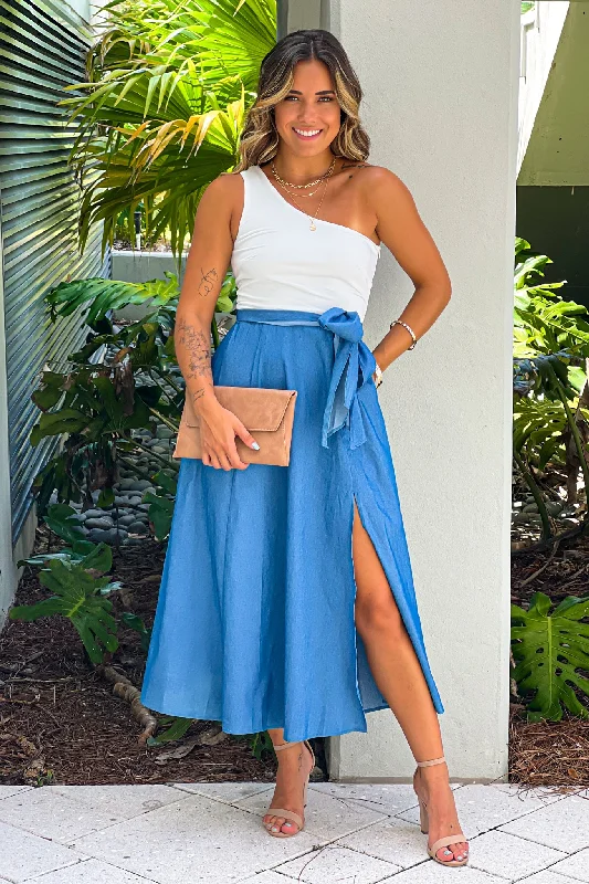 Don’t Wait – Shop Today!Denim Blue And White One Shoulder Midi Dress