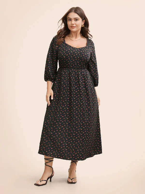 Buy More, Save More!Ditsy Floral Heart Neckline Lantern Sleeve Dress