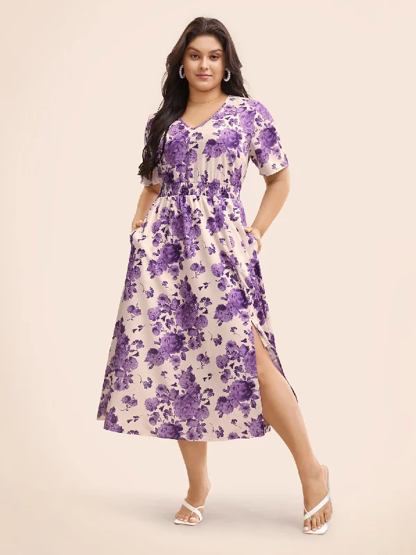 Find Your Perfect Deal Today!Floral Print Split Side Shirred Dress