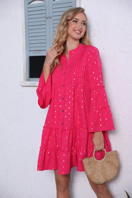 Limited Deals, Unlimited Savings!Printed Bronzing Pleated Flared Long Sleeve Dress