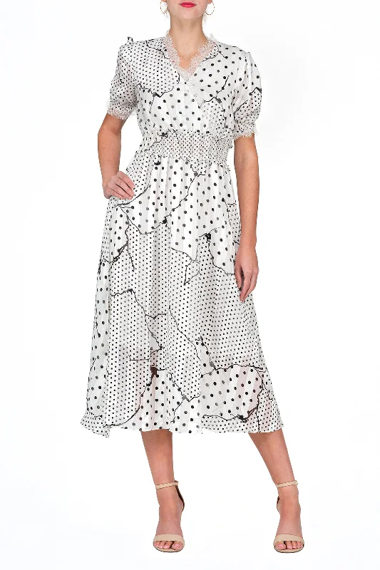 Time to Save Big!TWO PEARS-Short Sleeve Dot Print V-neck Elastic Waist Fit & Flare Dress