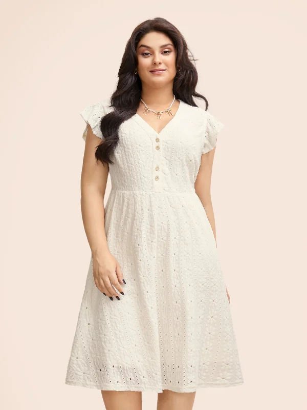 One Click Away from Big Savings!Textured Button Detail Cap Sleeve Dress