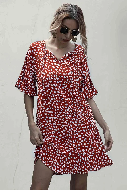 Huge Savings – Act Now!Tie Neck Flounce Sleeve Printed Mini Dress