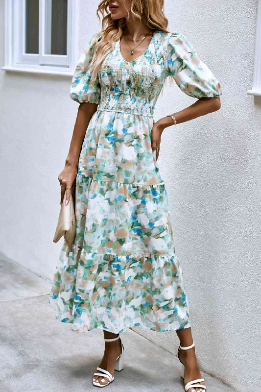 Flash Sale – Act Fast!V-Neck Balloon Sleeve Smocked Midi Dress