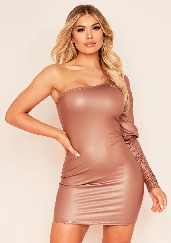 Instant Savings Await!Aleena Brown One Shoulder PU Mini Dress
