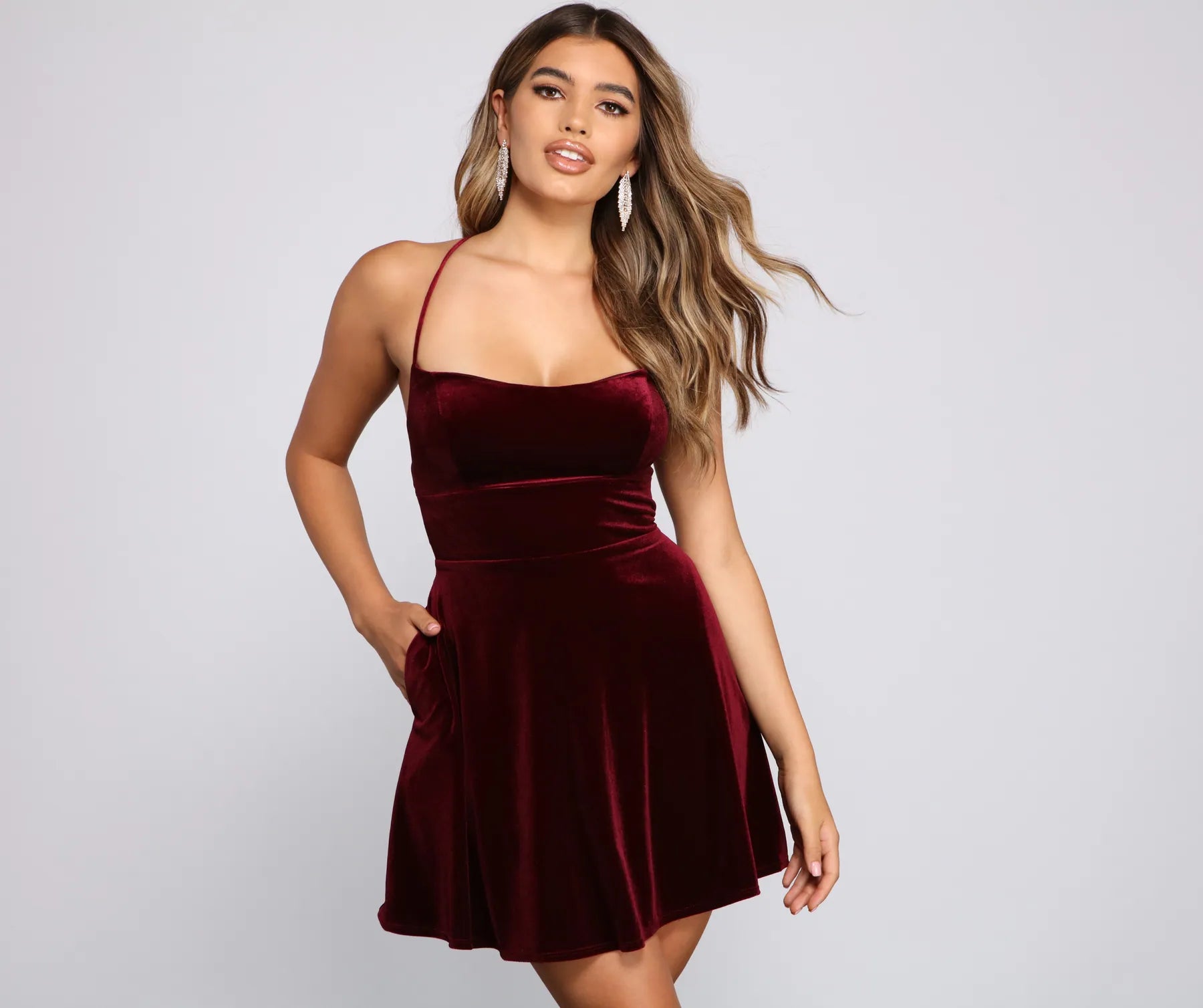 Every Deal is a Steal!Amelia Lace-Up Back Velvet Skater Dress