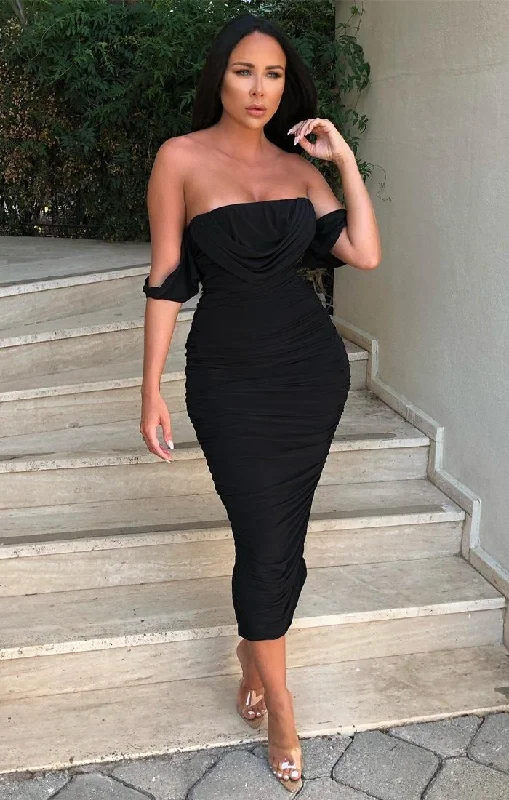 Your Exclusive Offer Awaits!Black Bardot Cowl Neck Ruched Midi Dress - Malia