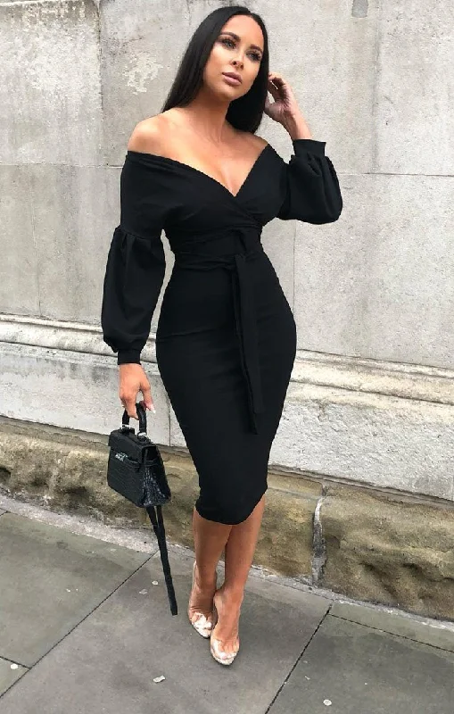 Score Huge Discounts Today!Black Belted Bodycon Midi Wrap Dress  - Angelica