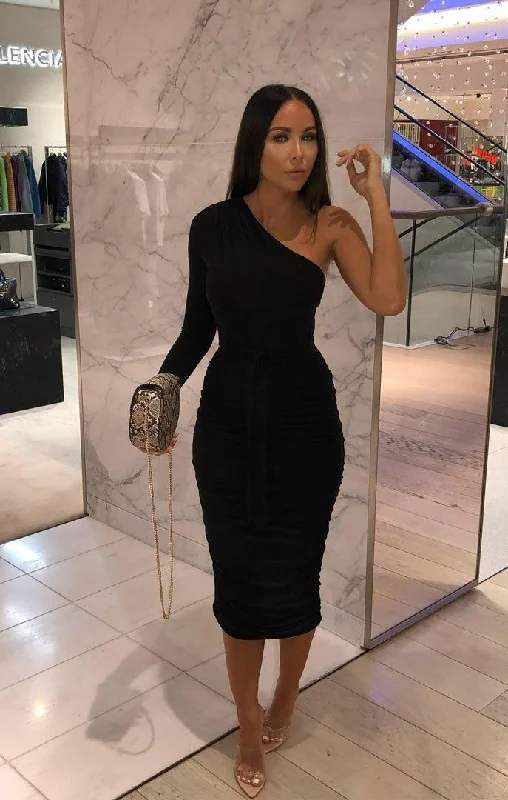 Buy More, Pay Less!Black One Shoulder Ruched Slinky Midi Dress - Savannah
