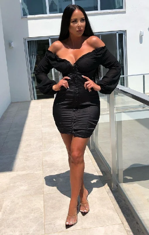 Sale Alert – Get Ready to Shop!Black Satin Mesh Long Sleeve Bardot Mesh Mini Dress - Collins