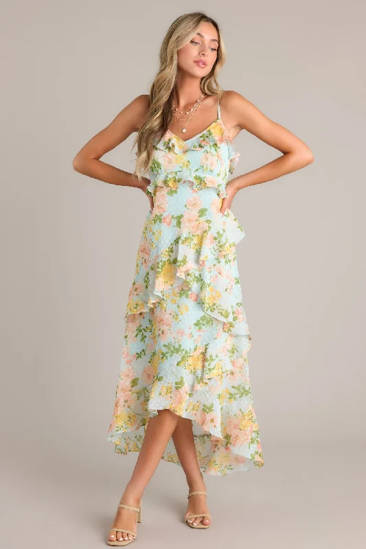 Your Exclusive Offer Awaits!Blossom In Time Blue Multi Floral Ruffle Tiered Midi Dress