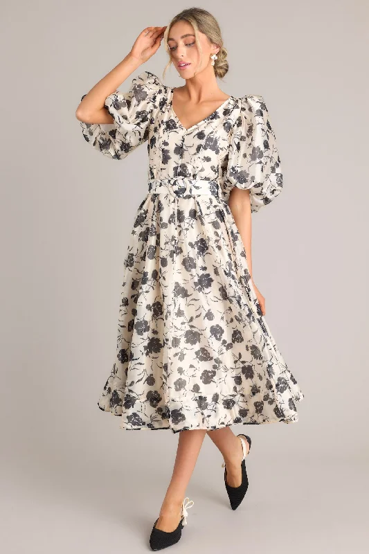 Best Price of the Season!Blossoming Resilience Ivory & Black Floral Belted Midi Dress
