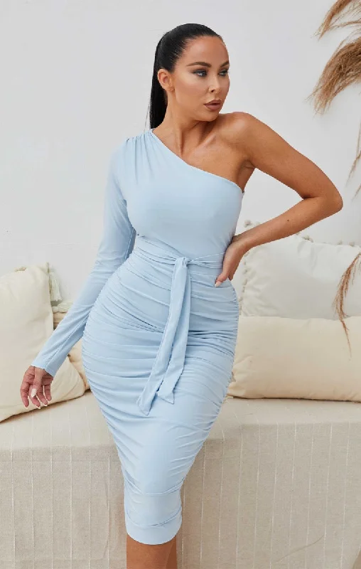More Discounts, More Joy!Blue One Shoulder Ruched Slinky Midi Dress - Savannah