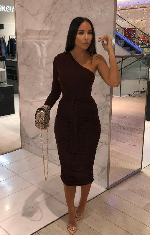 Limited Stock Available!Brown One Shoulder Ruched Slinky Midi Dress - Savannah