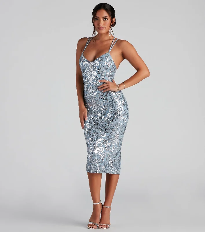 Save More Than Ever!Brynne Formal Sequin Scroll Midi Dress