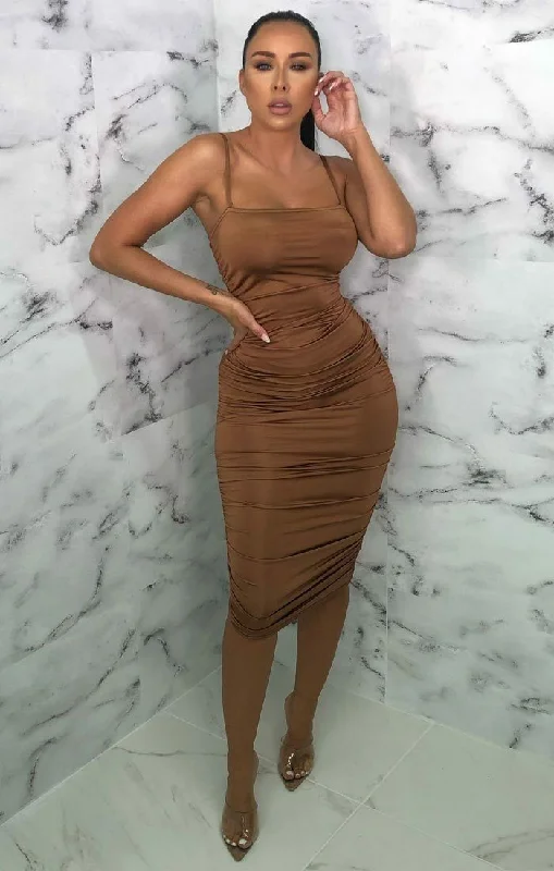Save Money, Shop Happy!Camel Slinky Ruched Thin Strap Midi Dress - Vienna