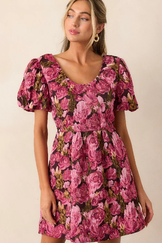 Unmissable Offers Await!Change Of Pace Berry Floral Jacquard Puff Sleeve Mini Dress
