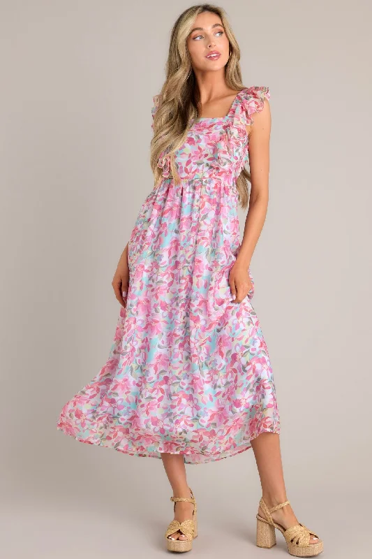 Limited-Time Price Drop!Garden Gala Pink Floral Ruffle Sleeve Midi Dress
